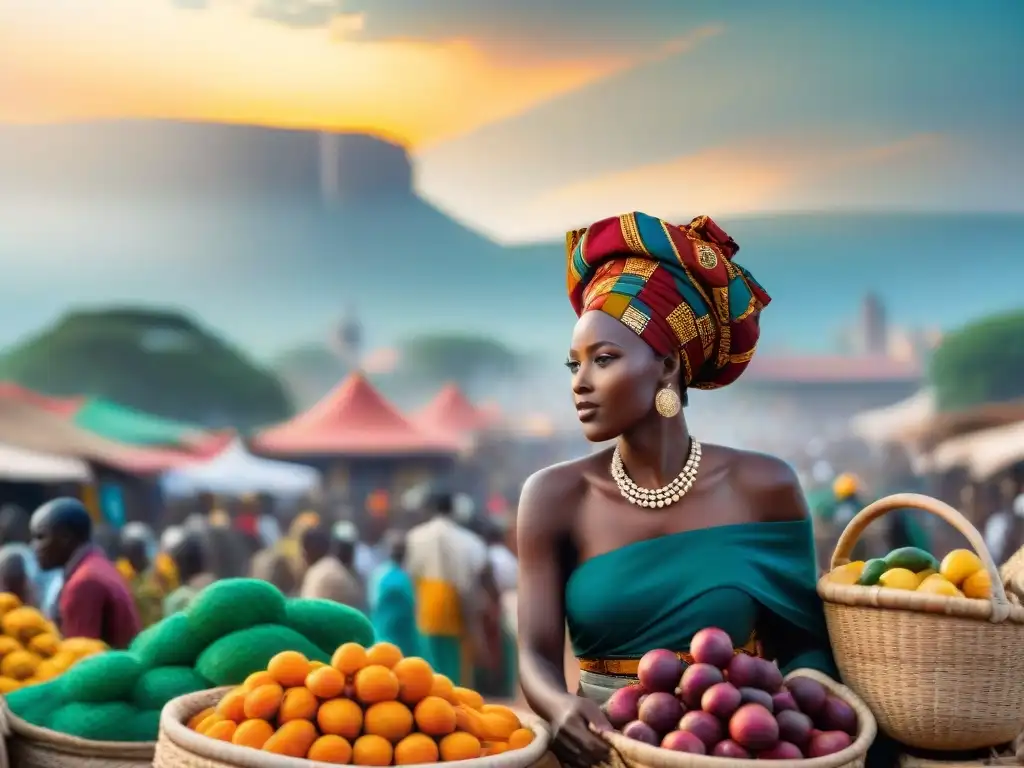 Mercado vibrante en una ciudad africana, reflejando la influencia de las civilizaciones africanas en la comunidad y el comercio