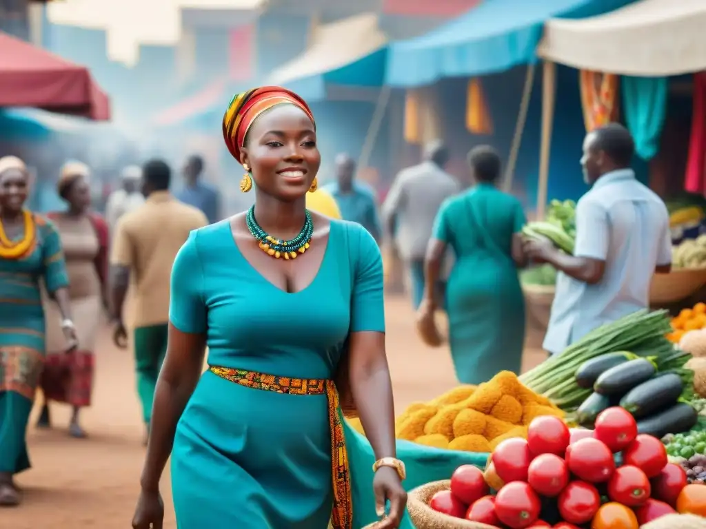 Un mercado vibrante en una ciudad africana, mostrando textiles coloridos, artesanías y productos frescos