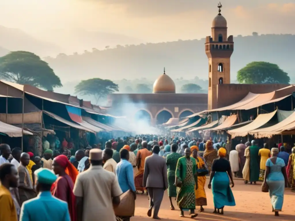 Un mercado vibrante en una ciudad de África Central, reflejando la coexistencia entre el islam y el cristianismo