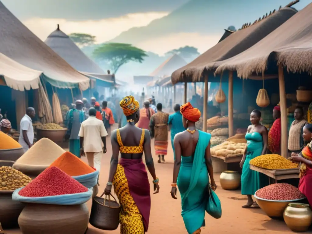 Mercado vibrante en una ciudad histórica de África Central, influenciado por los Monarcas precoloniales