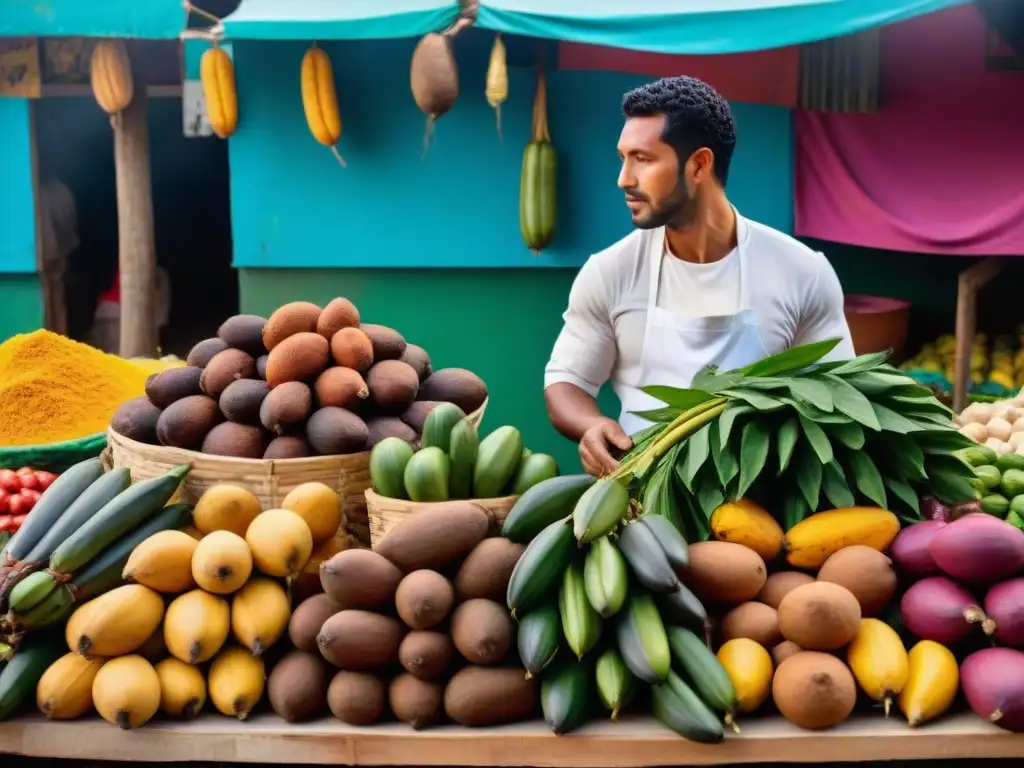 Un mercado vibrante en una ciudad latinoamericana, donde se fusionan ingredientes africanos y latinos en platos coloridos