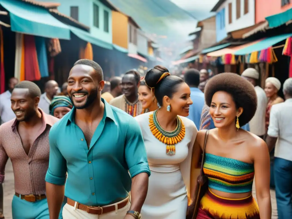 Mercado vibrante en ciudad sudamericana con influencia de la diáspora africana, celebrando diversidad y unidad cultural