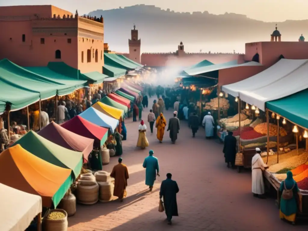 Un mercado vibrante en Marrakech, Marruecos, donde civilizaciones africanas se entrelazan con influencias globales