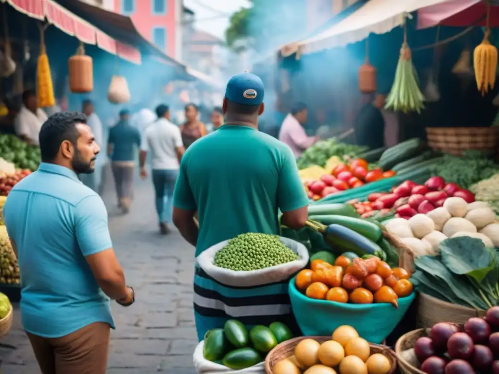 Un mercado vibrante en Latinoamérica, con colores, sabores y gente diversa disfrutando de fusiones culinarias platos latinoamericanos