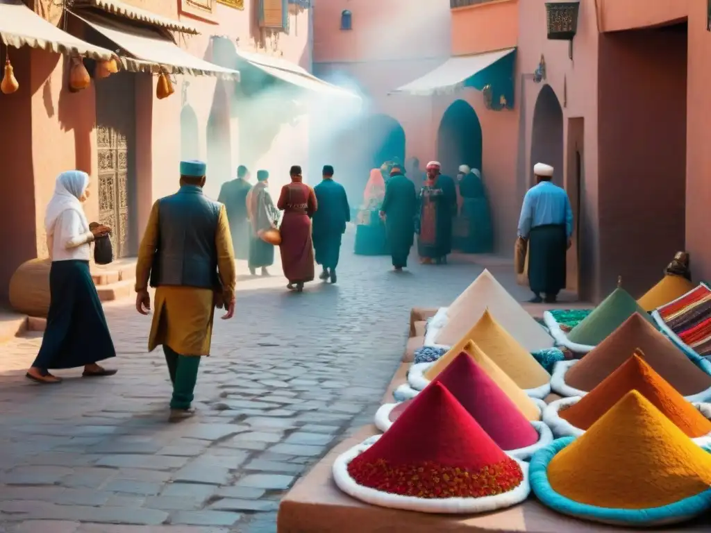 Un mercado vibrante en Marrakech, Marruecos, con colores y textiles tradicionales