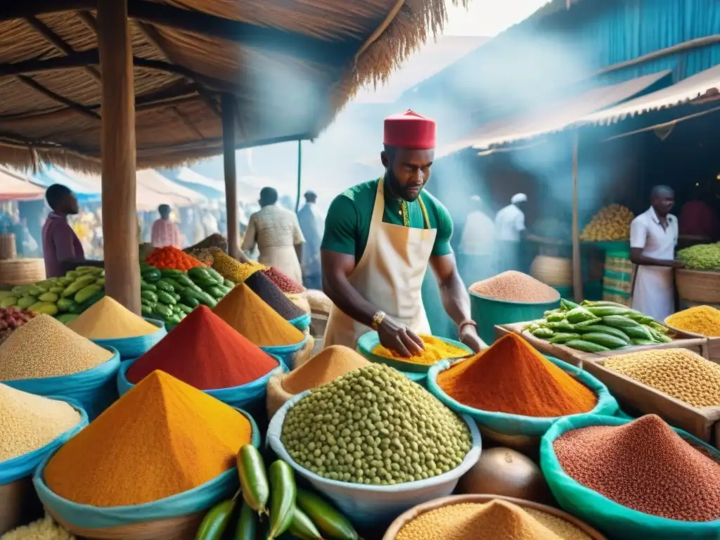 Un mercado vibrante en una comunidad africana diaspórica, con ingredientes clave para platos tradicionales africanos