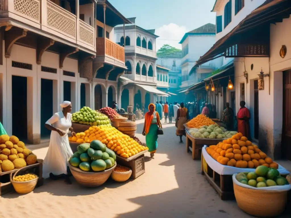 Mercado vibrante en Stone Town, Zanzíbar, reflejando la cultura multicultural e historia de la isla con locales y productos coloridos