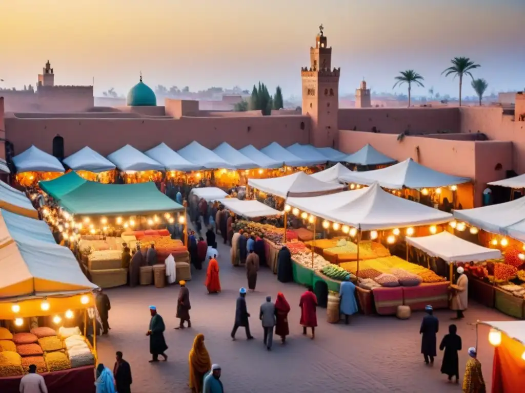 Un mercado vibrante en Marrakech con diversidad cultural, civilizaciones africanas y artesanías coloridas