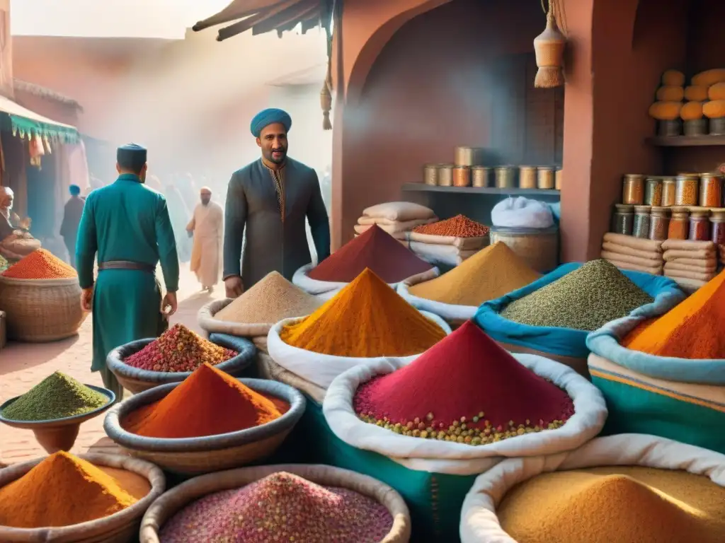 Un mercado vibrante en Marruecos con especias coloridas y vendedores locales, reflejando la influencia africana en cocina mediterránea