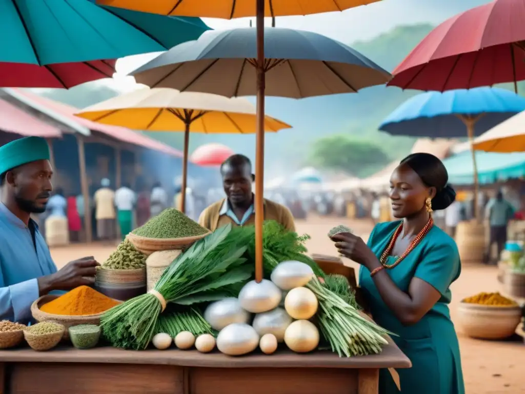 Un mercado vibrante en África, con hierbas y medicinas tradicionales bajo coloridos paraguas