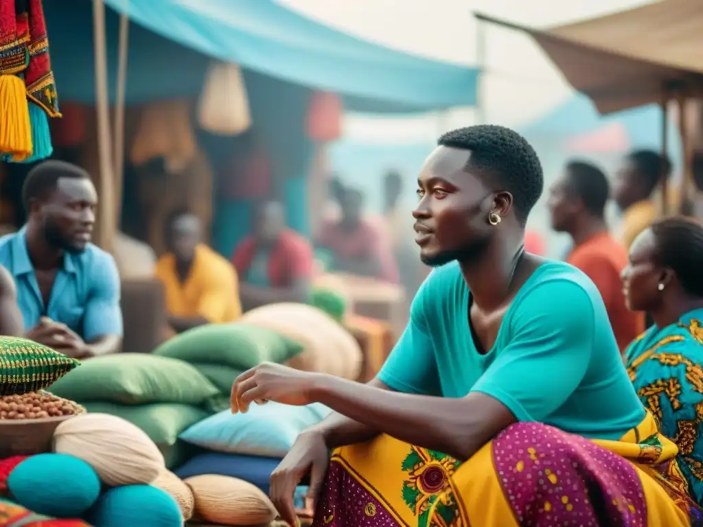 Mercado vibrante en Ghana con influencia diáspora africana, lenguajes perdidos y coloridas artesanías africanas