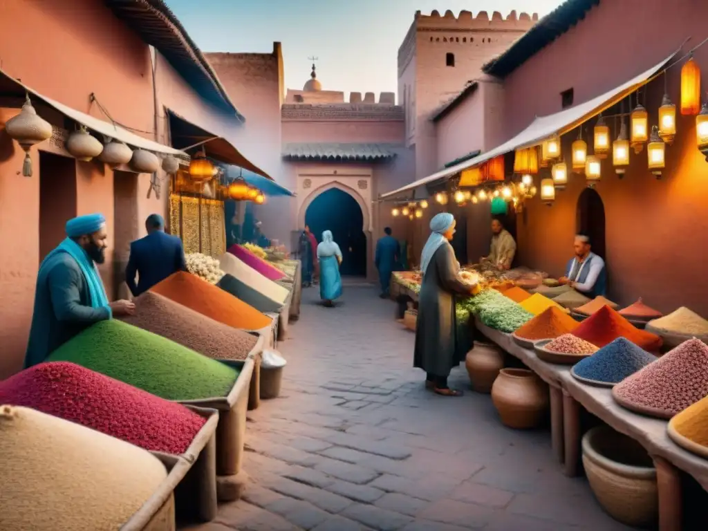 Un mercado vibrante en Marrakech, Marruecos, con locales vendiendo especias y alfombras bajo el cálido sol