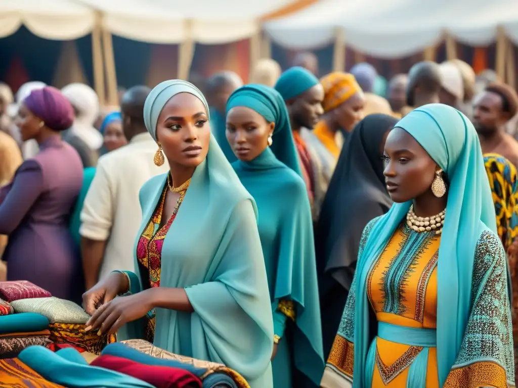 Un mercado vibrante en África con moda islámica africana y tendencias globales, reflejando riqueza cultural y creatividad