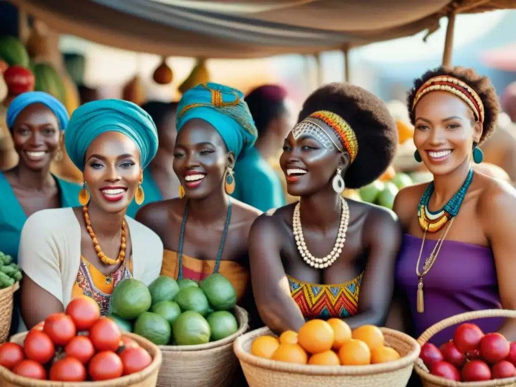 Un mercado vibrante donde mujeres africanas exhiben patrones de belleza tradicionales con confianza y orgullo