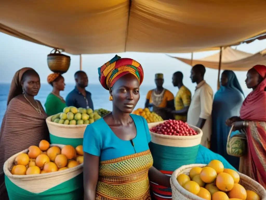 Mercado vibrante en Dakar, Senegal: mujeres con trajes coloridos y cestas de frutas, el mar al fondo