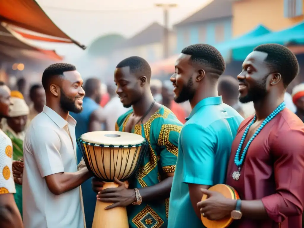 Un mercado vibrante en Lagos, Nigeria, con músicos locales tocando instrumentos africanos tradicionales como el djembé y el kora, rodeados de una multitud diversa de todas las edades y orígenes, cautivados por la música