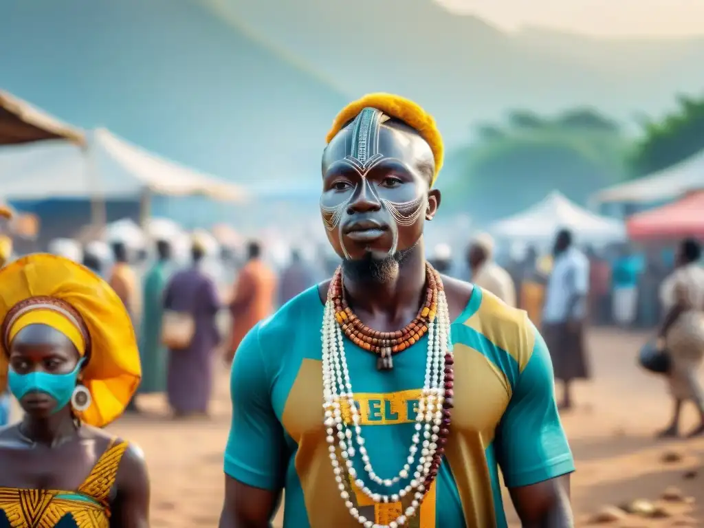 Un mercado vibrante en Lagos, Nigeria, con puestos de arte africano y ceremonias espirituales