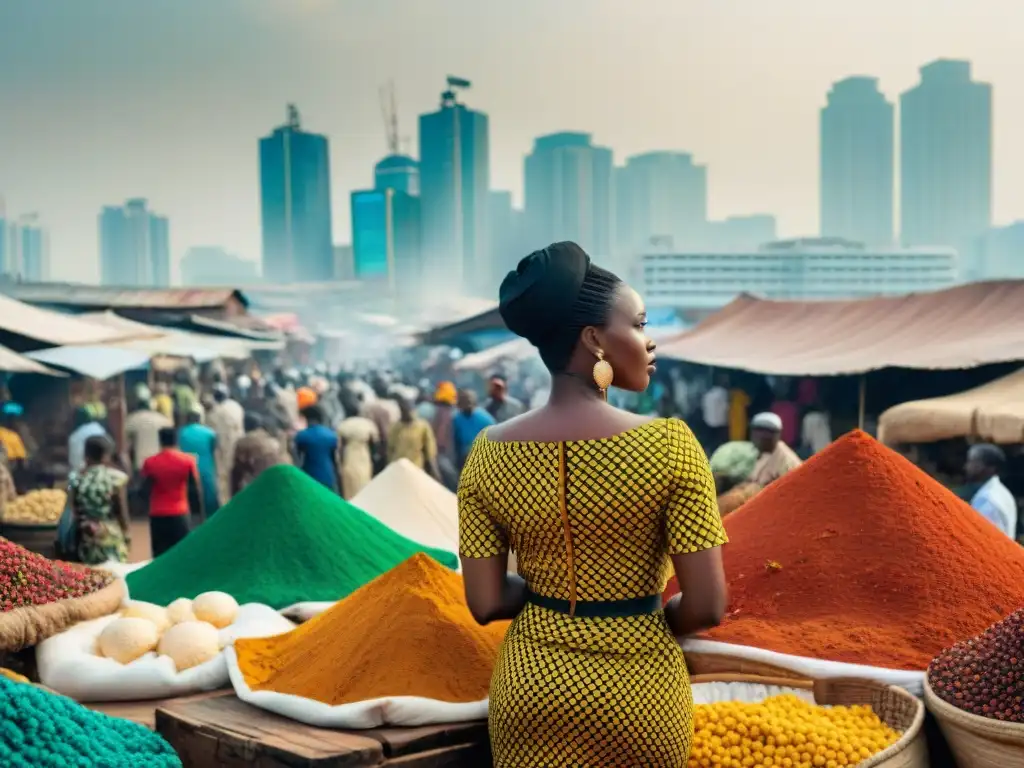 Un mercado vibrante en Lagos, Nigeria, con telas, especias y productos locales