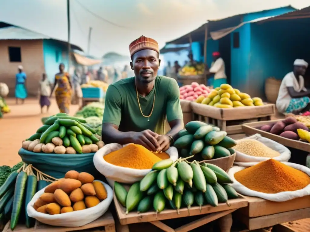 Mercado vibrante en África Occidental con influencia de raíces africanas en frutas y verduras exóticas