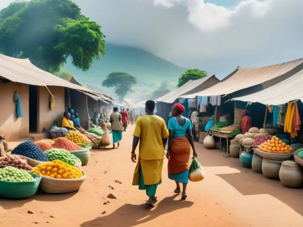 Un mercado vibrante en África Occidental, con telas coloridas y productos frescos