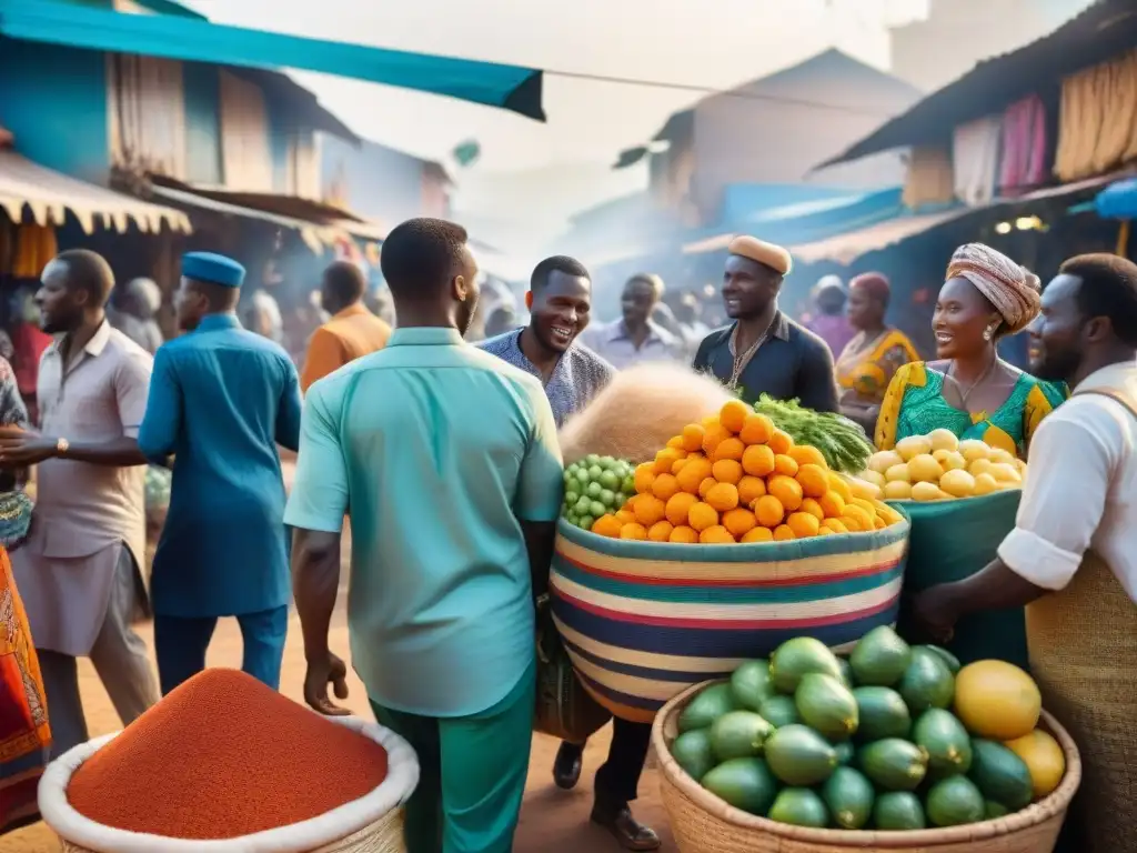 Un mercado vibrante en África Occidental, vida y comercio, con colores, frutas, textiles y música tradicional