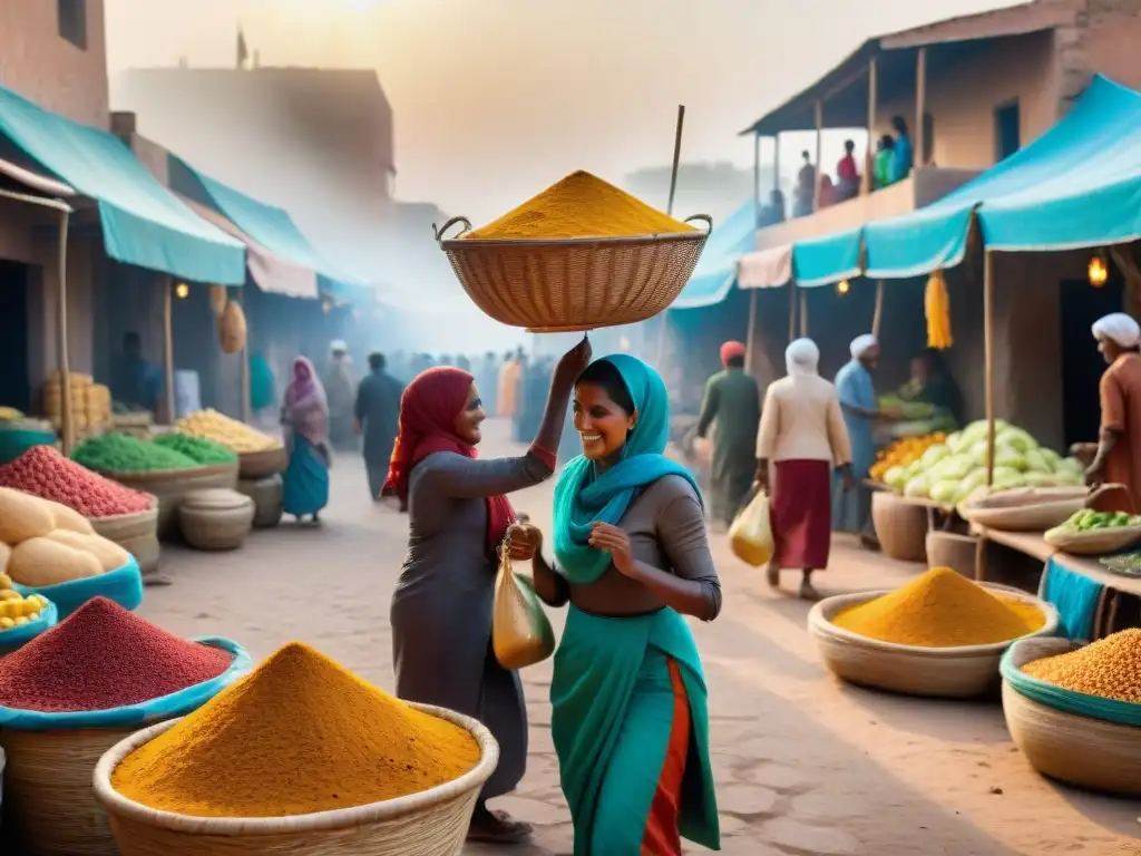 Un mercado vibrante del Sahel con platos tradicionales gastronomía Sahel en medio del bullicio al atardecer