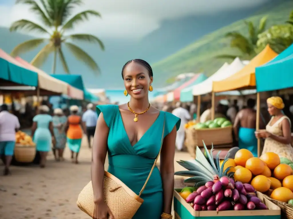 Un mercado vibrante en un pueblo costero del Caribe, lleno de vida y color