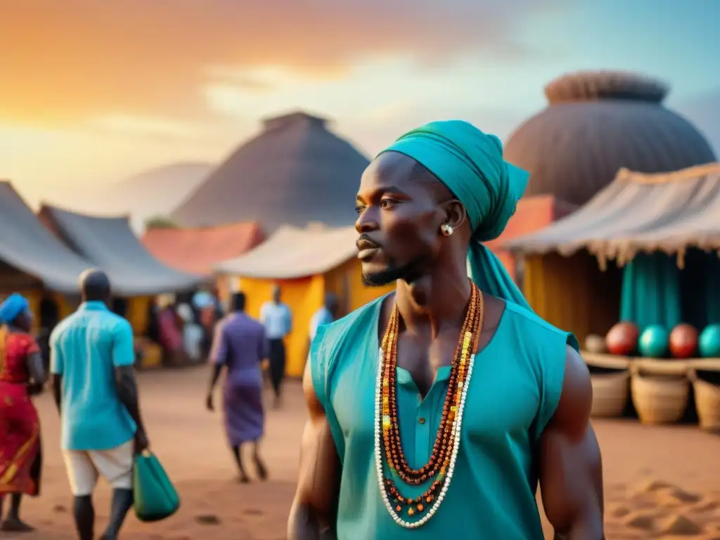 Un mercado vibrante en un pueblo costero africano, lleno de coloridas vestimentas y comercio al atardecer