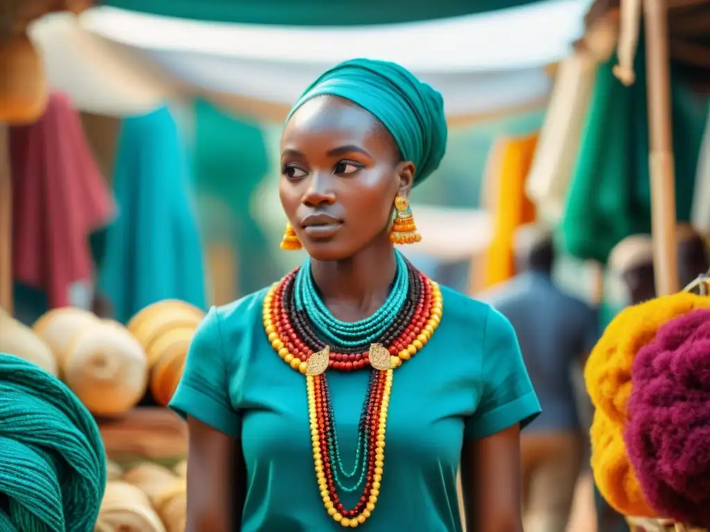 Un mercado vibrante en un reino africano histórico, exhibiendo textiles coloridos y artesanías hechas a mano