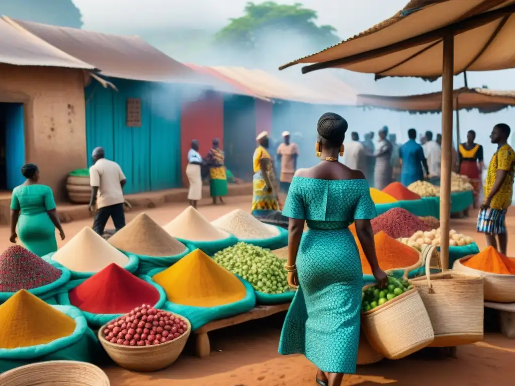 Mercado vibrante en Ghana con textiles coloridos y artesanías bajo cestas tejidas