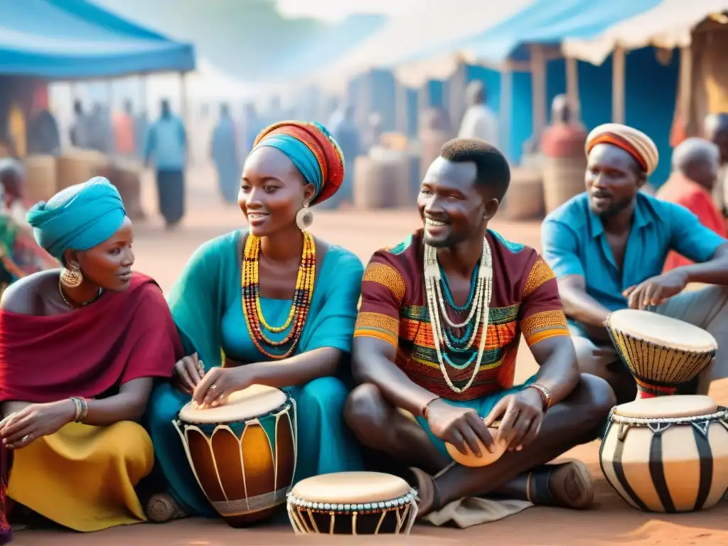 Un mercado vibrante en África con textiles coloridos y artesanías, donde se mezcla arte, música y vida cotidiana