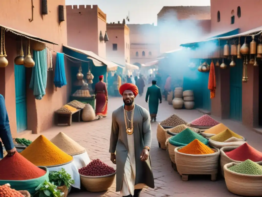 Un mercado vibrante en Marrakech, Marruecos, con textiles coloridos y especias exóticas