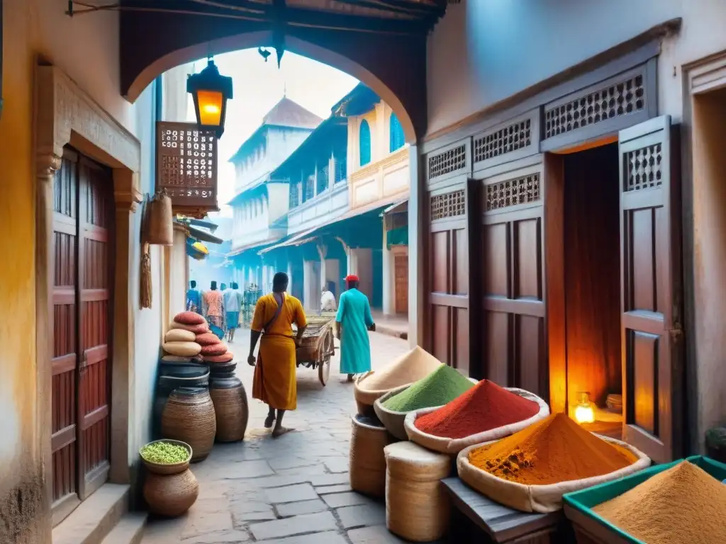 Un mercado vibrante en Stone Town, Zanzíbar, con vendedores de diversas culturas y mercancías coloridas bajo la cálida luz del atardecer