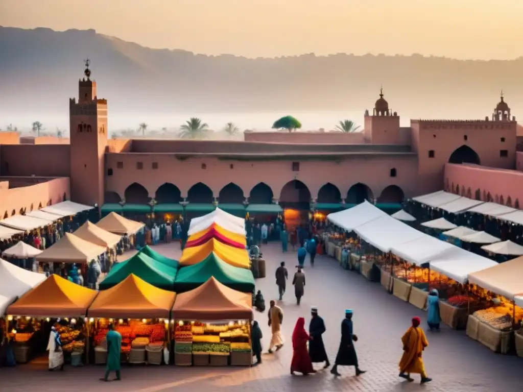 Mercado vibrante en Marrakech, Marruecos, con vendedores locales y turistas disfrutando del intercambio cultural y económico