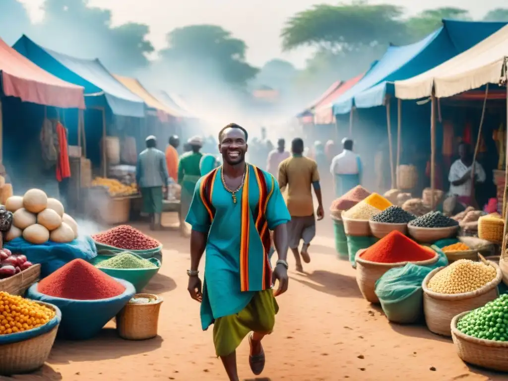 Mercados en África Occidental, vida y comercio: Una escena vibrante con colores vivos y actividades comerciales animadas