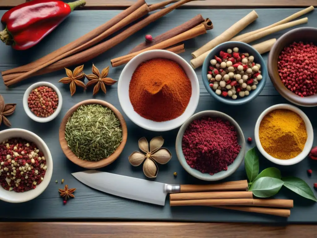 Una mesa rústica llena de especias africanas coloridas: canela, pimienta y flores de hibisco