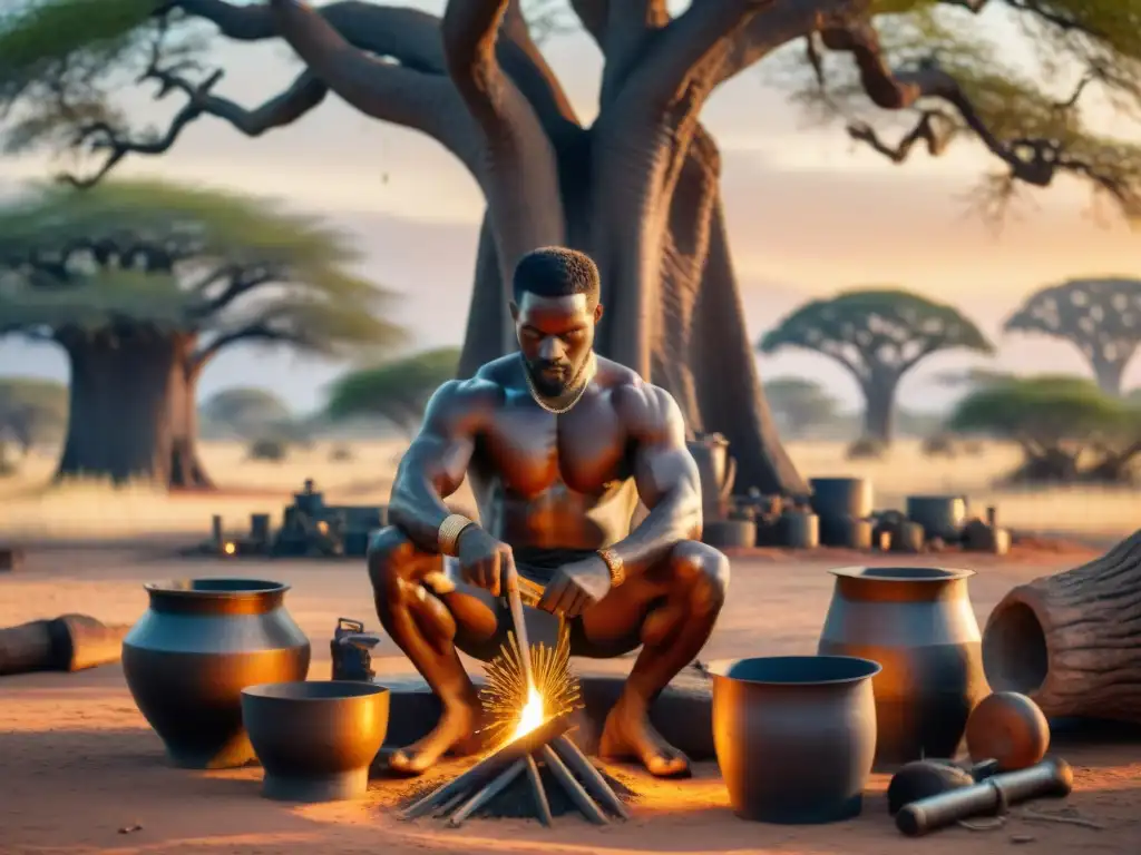 Un hábil herrero africano forja metal bajo un baobab al atardecer