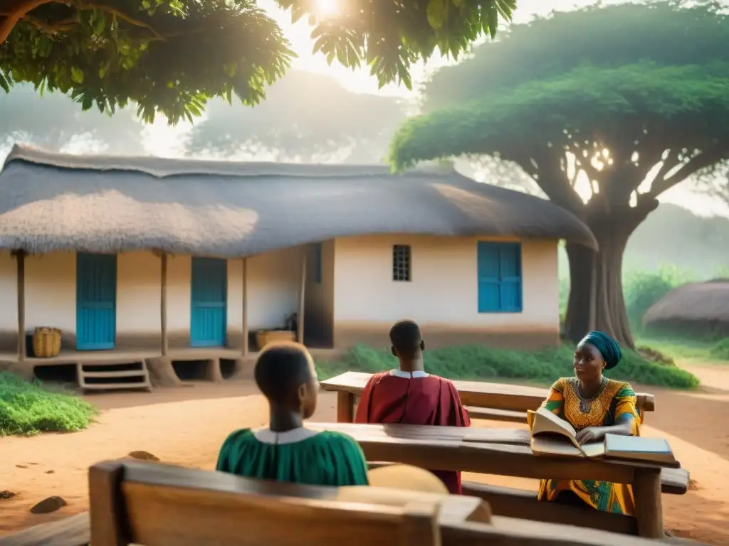 Métodos educativos en África Occidental: Escuela tradicional bajo un árbol, con alumnos y profesor en vibrante escena cultural