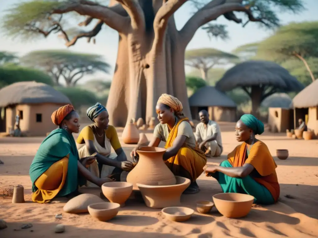 Miembros de la comunidad africana preservando artefactos bajo un baobab, resaltando la Preservación del Patrimonio Africano