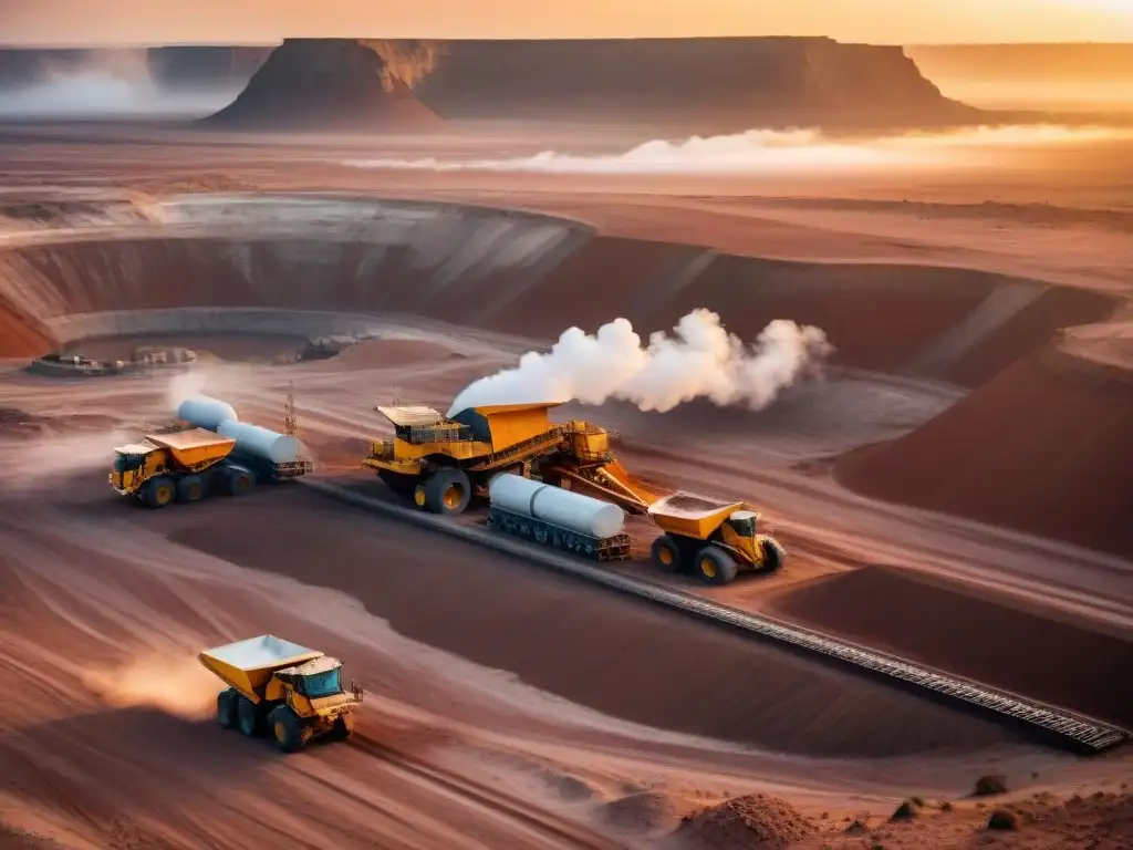 Minería de uranio en el desierto africano al atardecer, mostrando el impacto industrial