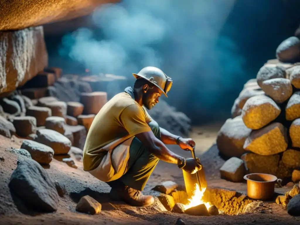 Un minero africano tradicional en una mina oscura de Zimbabwe, rodeado de herramientas antiguas y artefactos de oro