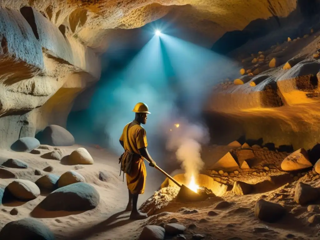 Mineros africanos en minas de oro con tecnología ancestral, iluminados por antorchas