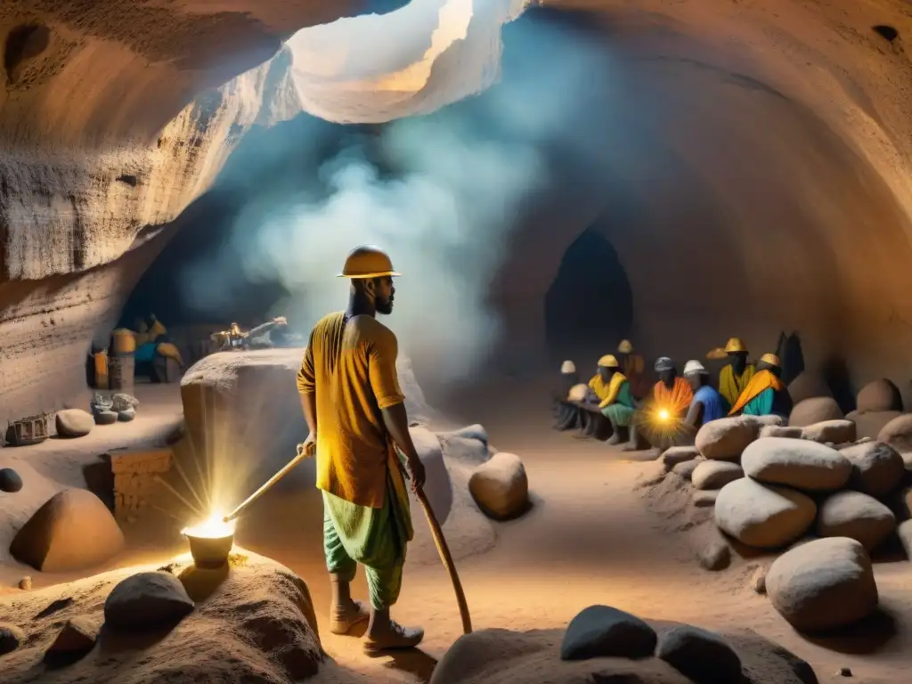 Mineros africanos extraen oro en antiguas minas con herramientas tradicionales, iluminados por tenues luces en túneles polvorientos