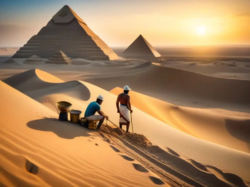 Mineros en el antiguo Egipto extrayendo minerales bajo el sol abrasador del desierto, rodeados de dunas y herramientas antiguas