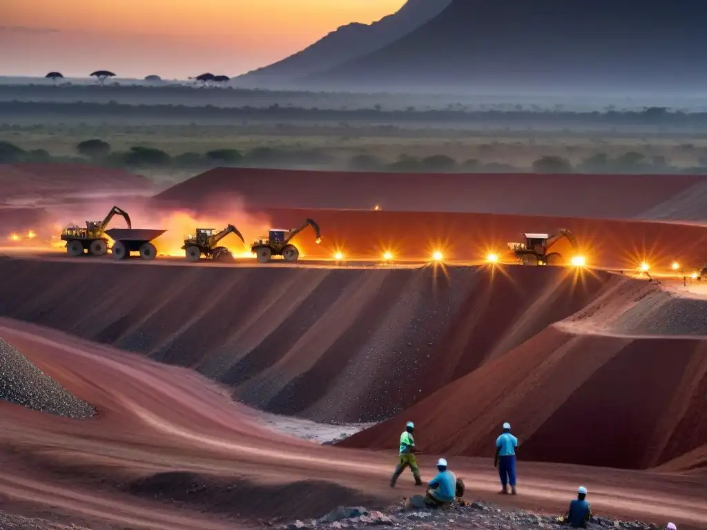 Mineros trabajando en mina de diamantes africana al atardecer, con cielo anaranjado y maquinaria pesada en movimiento