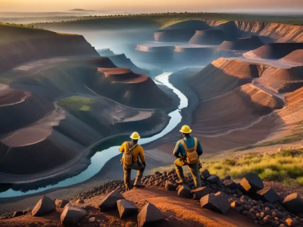 Mineros en una mina de coltán en África al amanecer, reflejando la dura labor y la belleza natural