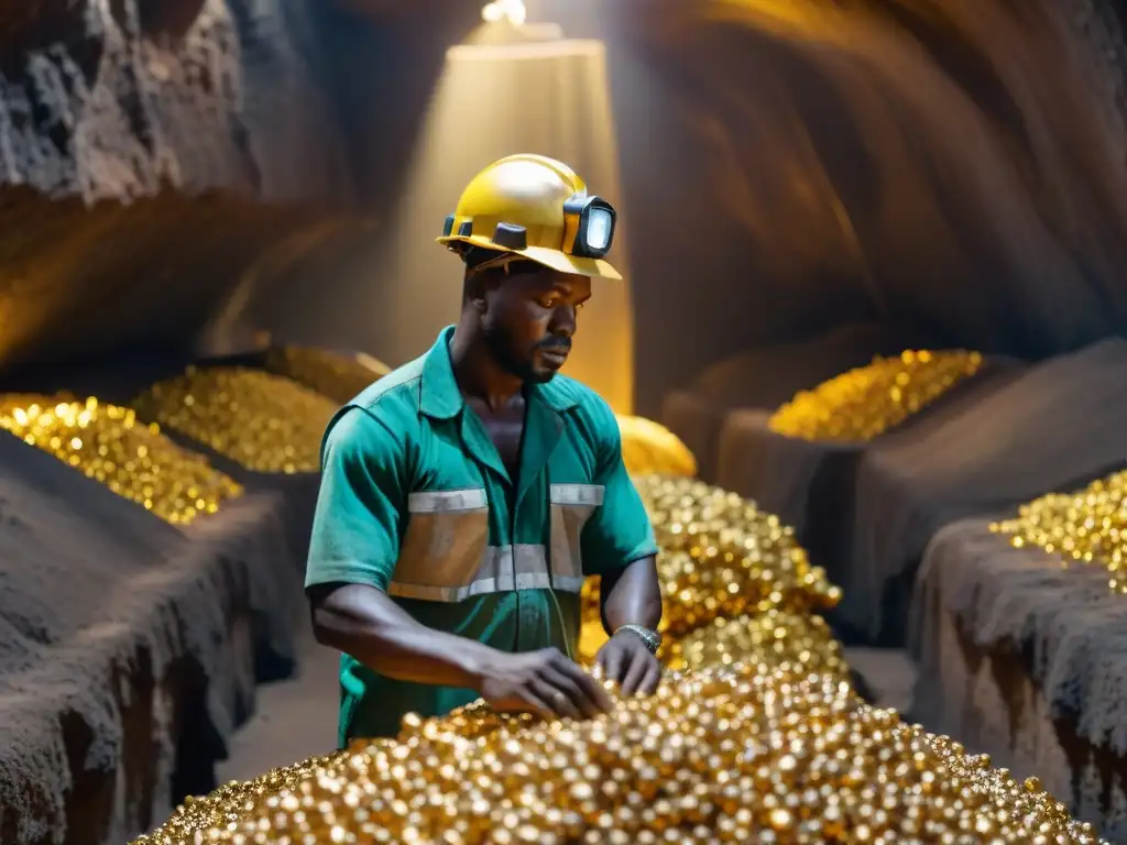 Mineros en mina de oro en África, trabajando bajo luces industriales intensas y supervisión en sala de control