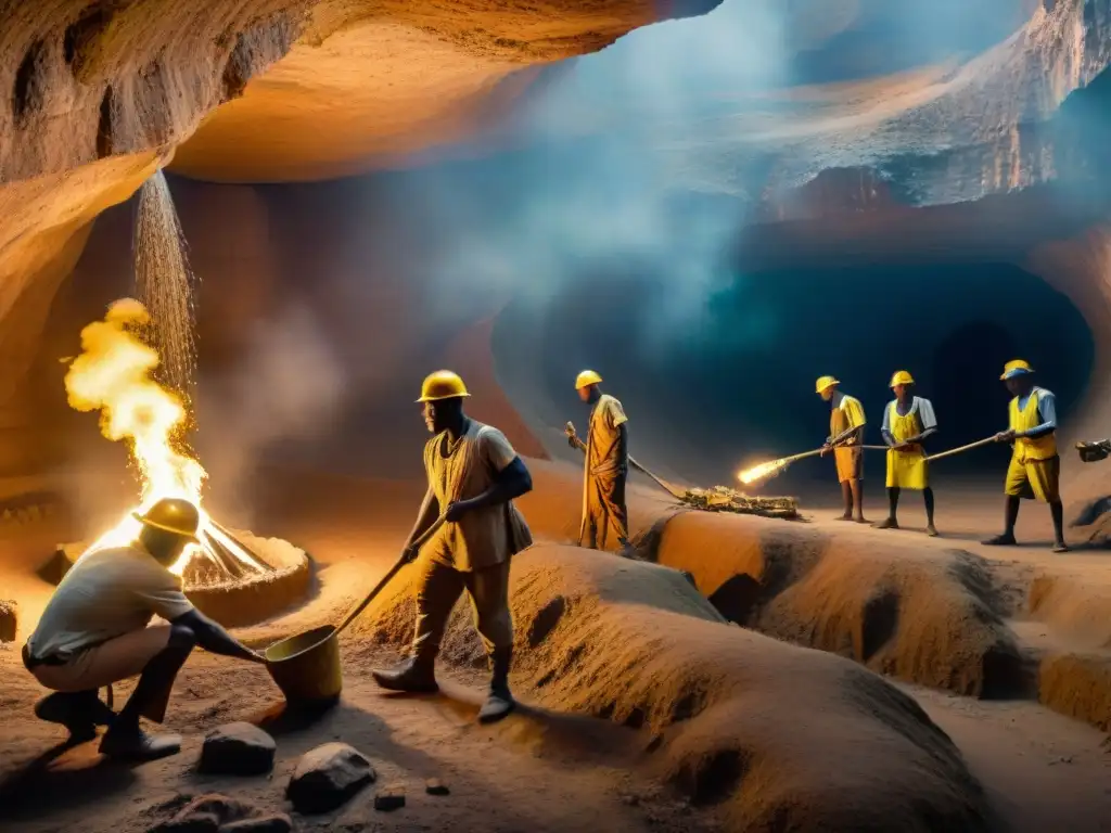 Mineros trabajando en minas de oro en África, rodeados de túneles y vetas brillantes, iluminados por antorchas