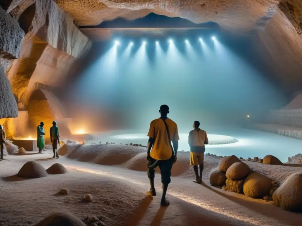 Mineros trabajando en minas de sal en África, iluminados por lámparas