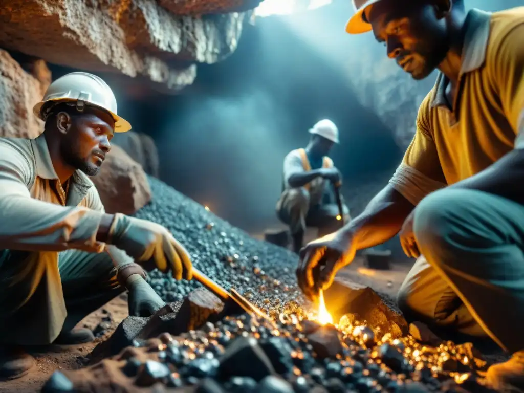 Mineros extrayendo mineral de plata brillante en una mina en África, muestra la habilidad y belleza de la inversión en metales preciosos en África